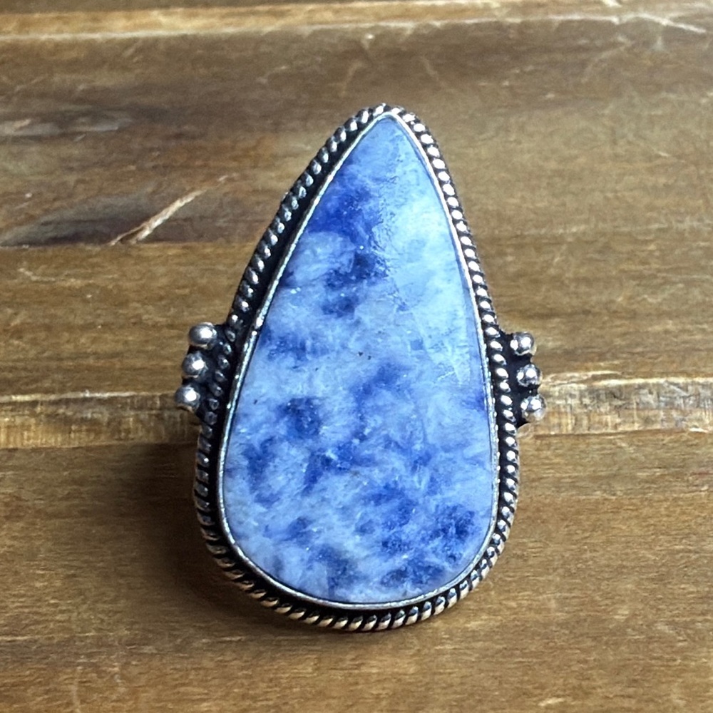 Vintage Style Genuine Sodalite Gemstone Ring Size 6.5 Silver 925 Plated Western